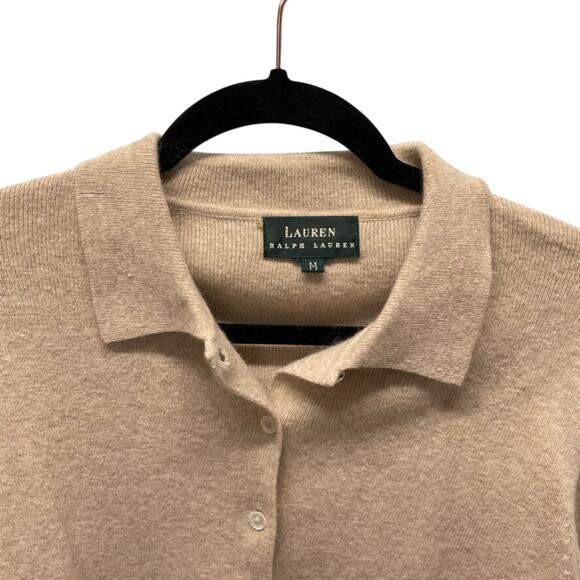 Lauren Ralph Lauren Collared Cardigan M Button Front Oatmeal Tan - Picture 2 of 6